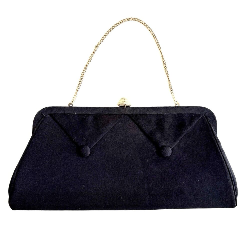 Vintage 1950s Black Evening Cocktail Bag Gold KISS-Lock Clasp & Chain 12” X 6”